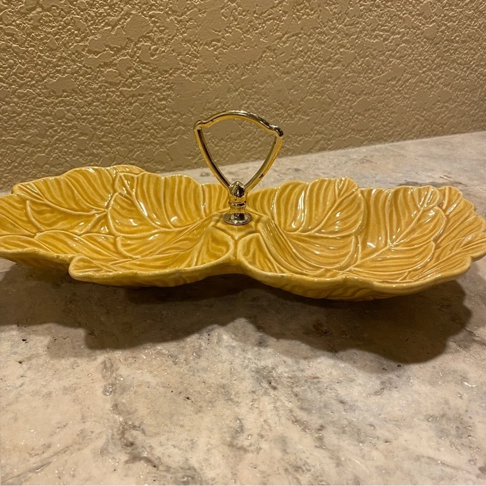 Vintage Retro USA pottery‎ two sided tray serving dish trinket yellow leaf gold